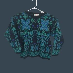 Women's Quadro Made In Italy Black Knit Sweater With Green & Blue Size Small